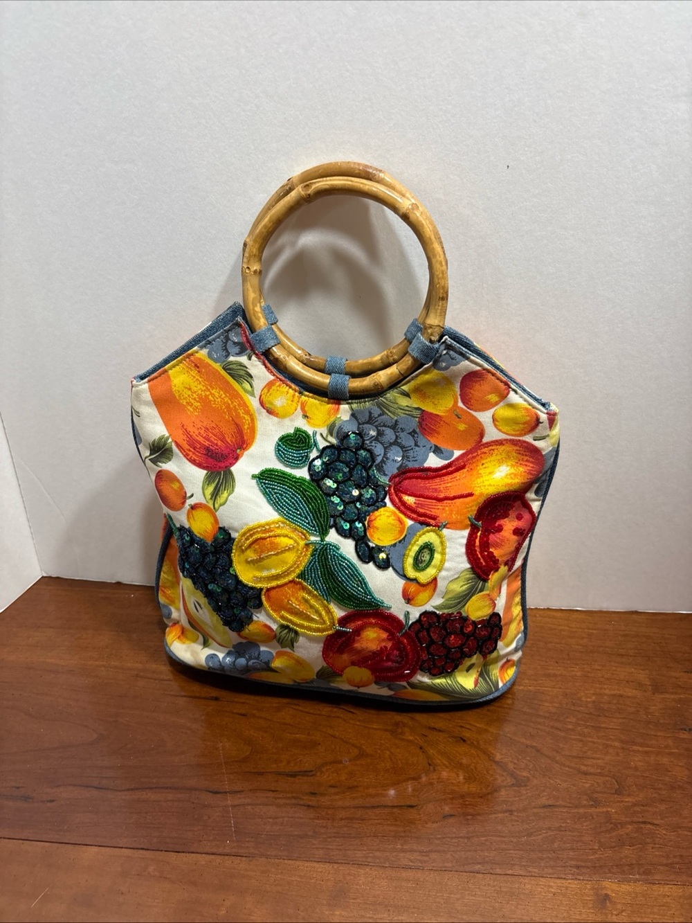 Prezzo Vintage 1990S Boutique Fruit, Print Handbag With Bamboo Handles And Denim